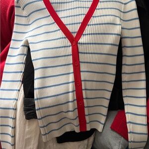 STAUD Red and Blue Striped V-Neck Cardigan
